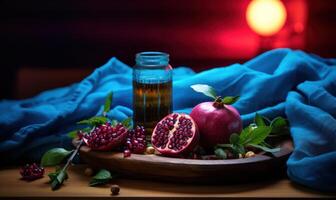 AI generated Hot chocolate with pomegranate and marshmallows on wooden background. photo