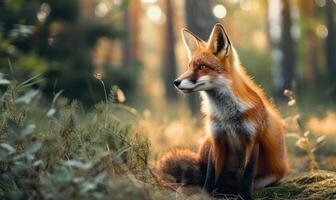 AI generated Red fox sitting on the grass in the forest photo