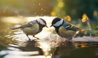 ai generado genial teta, parus importante, soltero pájaro en agua, Warwickshire foto