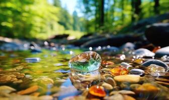 ai generado corriente en el bosque. hermosa temprano primavera paisaje con un río y piedras foto