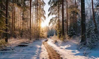 AI generated Beautiful winter forest landscape with trees covered with hoarfrost and snow photo