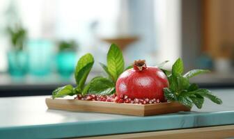 AI generated Hot chocolate with pomegranate and marshmallows on wooden background. photo