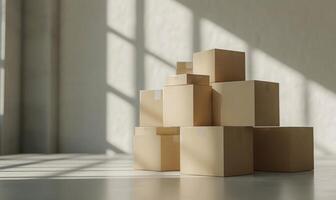 AI generated Stack of cardboard boxes in white room with sunlight. Space for text. Box mockup on white photo