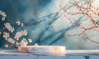 AI generated white marble podium with cherry blossom branch on blue background photo