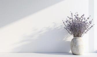 AI generated Vase with lavender flowers on table in room, closeup photo