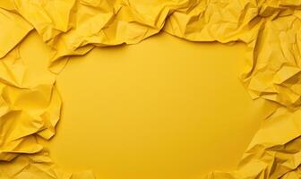 AI generated Yellow crumpled paper with space for text on yellow background. photo