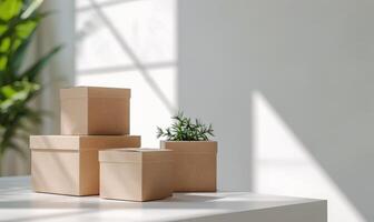 AI generated Set of cardboard boxes on a white table. Mockup. Delivery concept background. photo