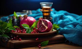 AI generated Hot chocolate with pomegranate and marshmallows on wooden background. photo