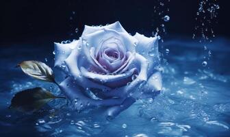 AI generated Beautiful blue rose with water drops on a dark blue background. photo