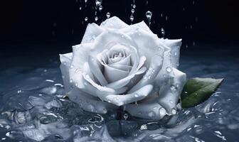 AI generated White rose with water drops on dark background. Water splash with water drops. photo