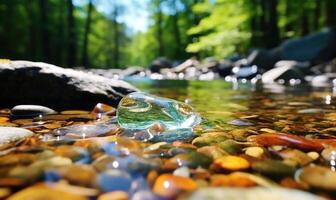 ai generado corriente en el bosque. hermosa temprano primavera paisaje con un río y piedras foto