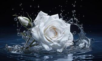 AI generated White rose with water drops on dark background. Water splash with water drops. photo