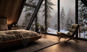 AI generated Cozy living room interior in winter with a large window overlooking the forest. photo