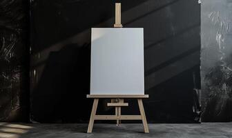 AI generated Wooden easel with blank canvas standing near black wall. Mock up, photo