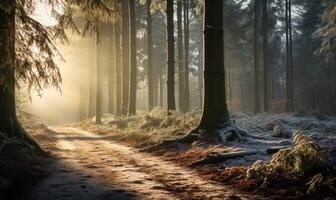 AI generated Beautiful winter forest landscape with trees covered with hoarfrost and snow photo