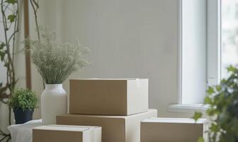 AI generated Moving boxes in empty room with green plants. Space for text. Box mockup on white photo