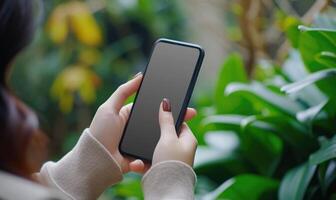 AI generated Female hand holding smartphone with blank screen on nature background. Mock up photo