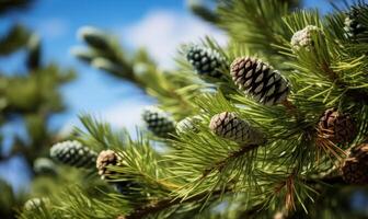 AI generated Spruce branches with cones. Blurred background. photo