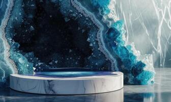 AI generated White marble podium with blue marble texture. White marble podium and blue geode textured background photo