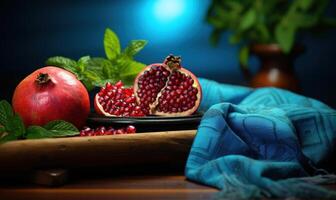 AI generated Ripe pomegranate fruits on wooden table in dark room photo