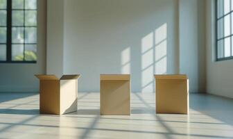 AI generated Set of cardboard boxes on a white table. Mockup. Delivery concept background. photo