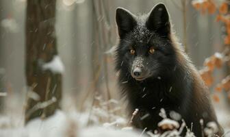 ai generado retrato de un negro zorro en el invierno bosque. fauna silvestre escena. foto