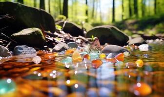 AI generated Frozen water in the forest with ice cubes and pebbles. Early spring landscape photo