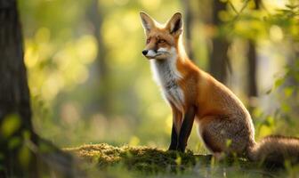 AI generated Red fox sitting on the grass in the forest photo
