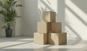 AI generated Stack of cardboard boxes in white room with sunlight. Space for text. Box mockup on white photo