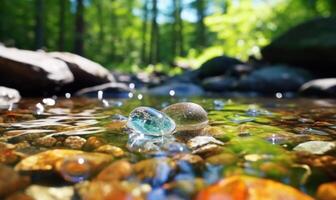 ai generado corriente en el bosque. hermosa temprano primavera paisaje con un río y piedras foto