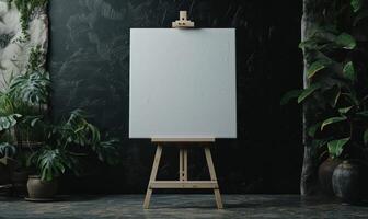 AI generated Wooden easel with blank canvas standing near black wall. Mock up, photo