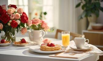 ai generado un taza de café en un de madera mesa con un ramo de flores de rosas en el antecedentes foto