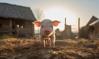 ai generado cerdo en el pueblo a puesta de sol. cerdito en el campo. foto