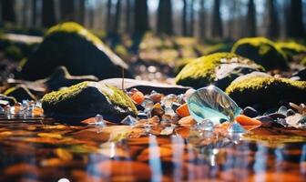 AI generated Frozen water in the forest with ice cubes and pebbles. Early spring landscape photo