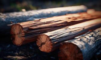 AI generated Wooden logs in the forest, close-up. Natural background photo
