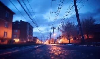 ai generado noche ciudad paisaje con calle luces y eléctrico alambres en el primer plano. foto