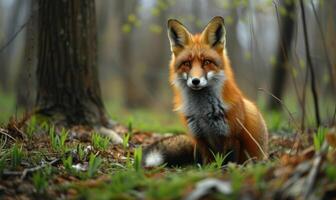 ai generado rojo zorro vulpes vulpes en el bosque. foto