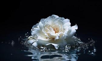 AI generated White rose with water drops on dark background. Water splash with water drops. photo