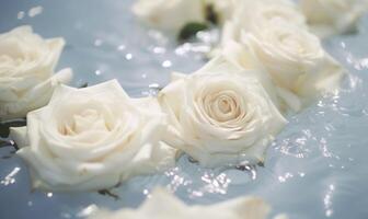 ai generado blanco rosas flotante en agua con superficial profundidad de campo foto