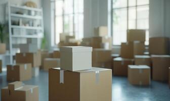 AI generated Stack of cardboard boxes in white room with sunlight. Space for text. Box mockup on white photo