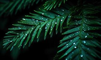 AI generated Raindrops on the leaves of the spruce, close-up photo