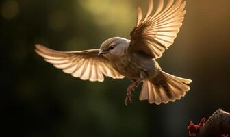 AI generated Close-up portrait of a sparrow in flight on a sunny day photo