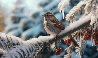 AI generated Sparrows sitting on a branch of a pine in the spring photo