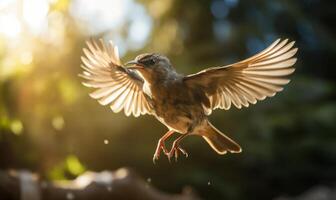 AI generated Sparrow in flight with open wings, close-up. photo