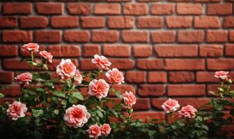 AI generated Red roses on a brick wall background with copy space for text photo