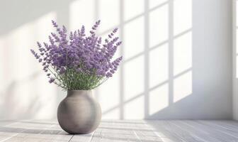 AI generated Lavender flowers in vase on white shelf against white wall photo