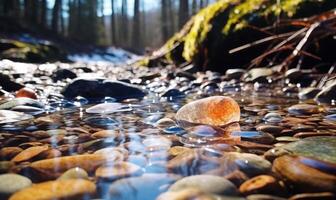 AI generated Frozen water in the forest with ice cubes and pebbles. Early spring landscape photo