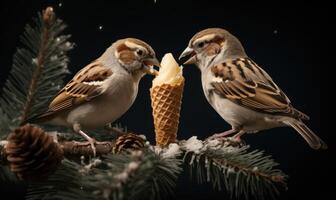 AI generated two sparrows eating an ice cream in a waffle cone photo