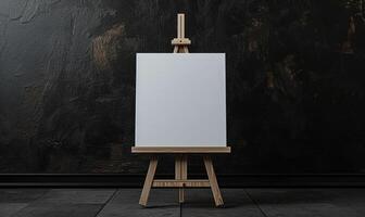 AI generated Wooden easel with blank canvas standing near black wall, mockup photo