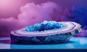 AI generated Blue agate mineral on a blue background. Marble podium and blue geode textured background photo